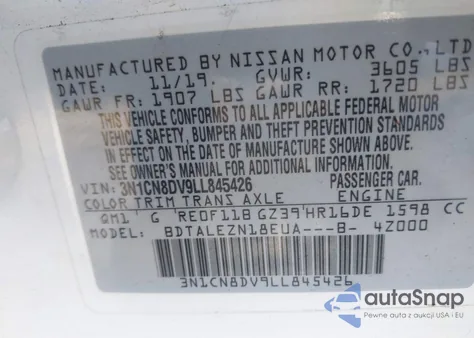 2020 Nissan Versa S Xtronic Cvt z USA, uszkodzony, nr VIN 3N1CN8DV9LL845426